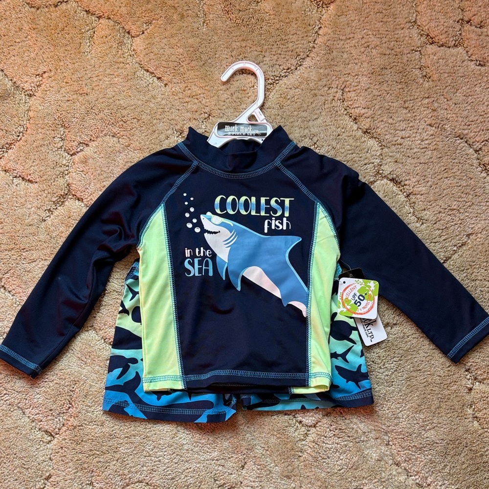 NWT Coolest Fish Navy and Lime Kids Swim Rashguard Set